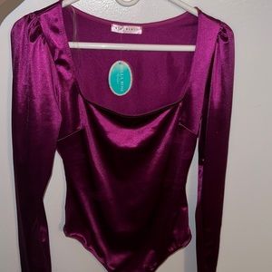 Magenta satin long sleeve bodysuit